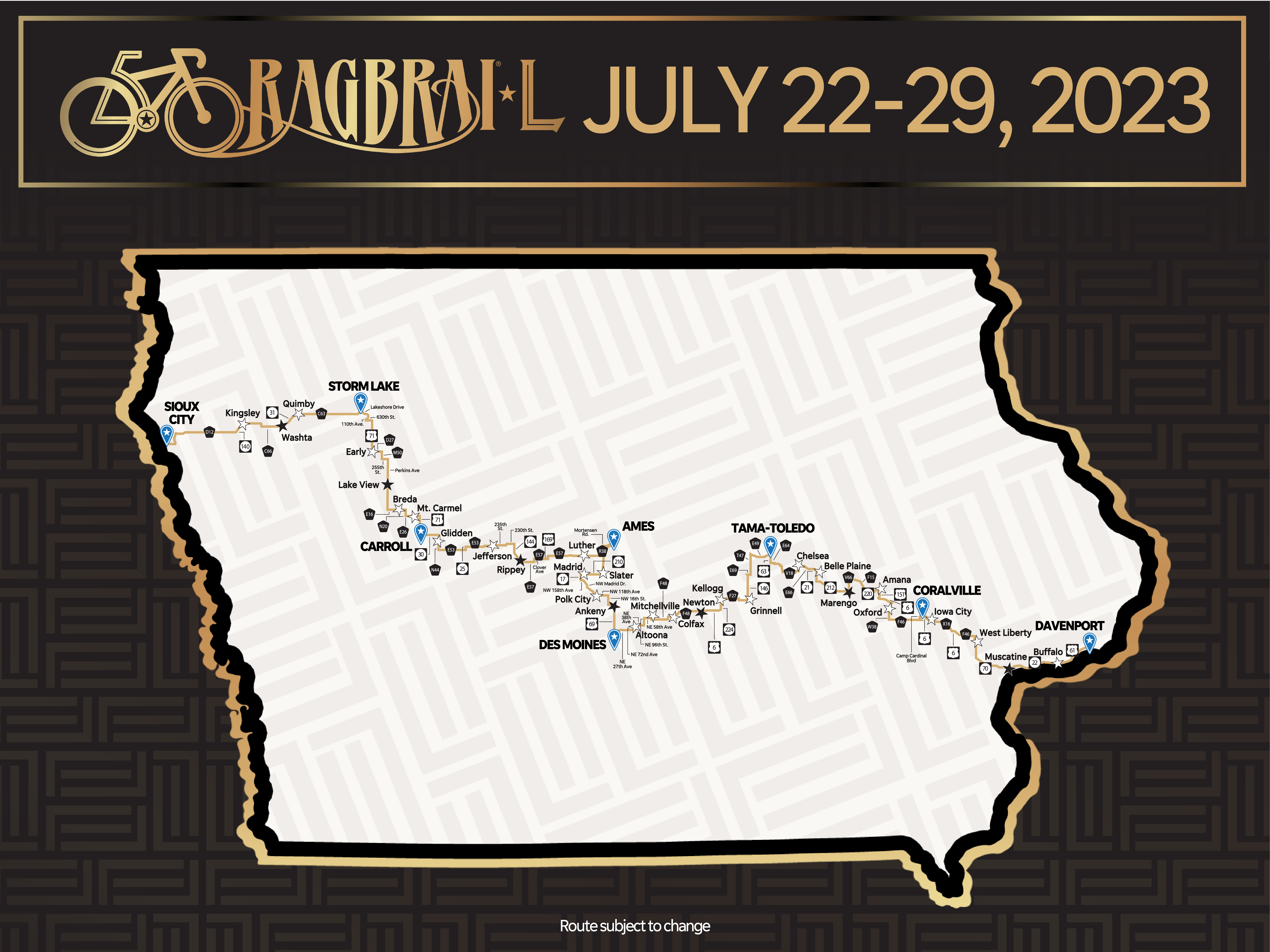 RAGBRAI 2023 Route Map and Elevation